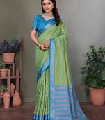 Parrot green soft silk zig zag pattern bollywood saree