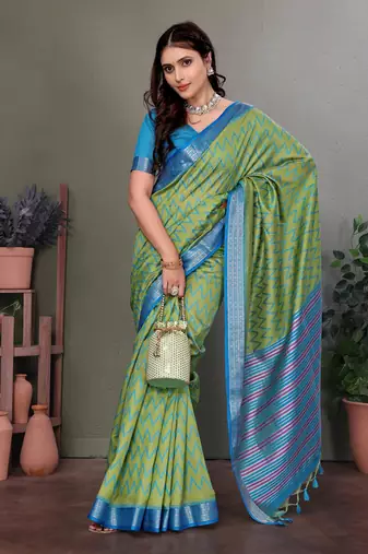Parrot green soft silk zig zag pattern bollywood saree