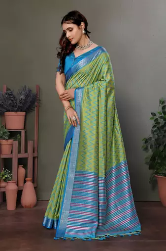 Parrot green soft silk zig zag pattern bollywood saree