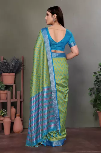 Parrot green soft silk zig zag pattern bollywood saree