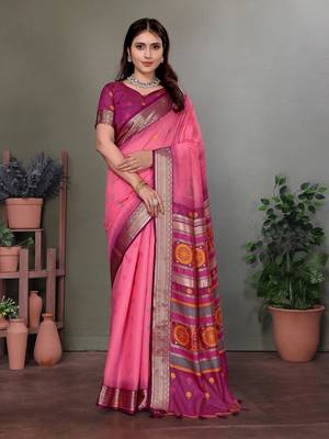 Pink soft silk floral designed banarasi saree 1