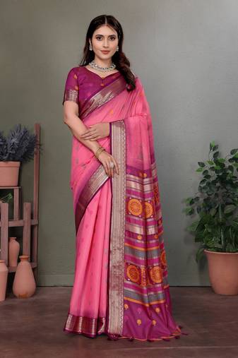 Pink soft silk floral designed banarasi saree
