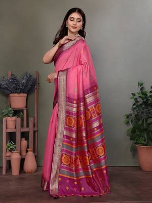 Pink soft silk floral designed banarasi saree 2