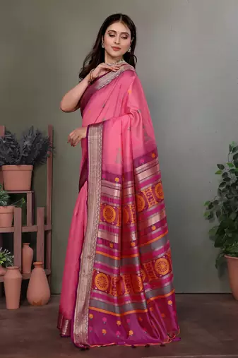 Pink soft silk floral designed banarasi saree