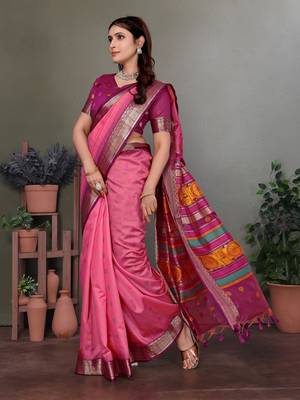 Pink soft silk floral designed banarasi saree 3