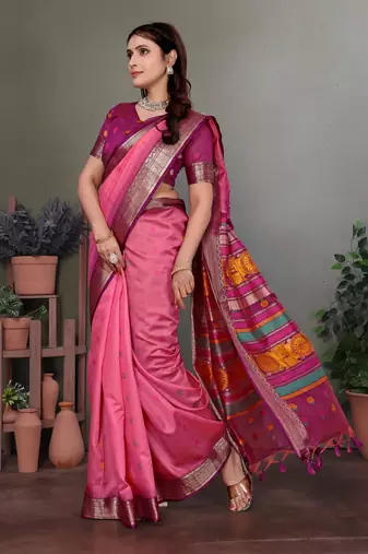 Pink soft silk floral designed banarasi saree