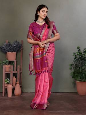 Pink soft silk floral designed banarasi saree 4