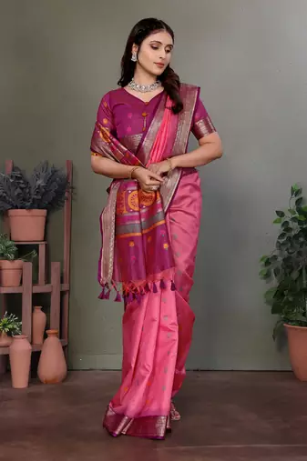 Pink soft silk floral designed banarasi saree