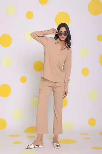 Beige shirt and pant two piece set summer everyday wear co-ord set