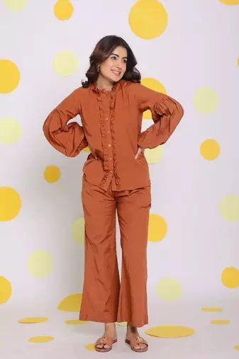 Brown statement frilled buttoned shirt and pant relaxed linen co-ord set
