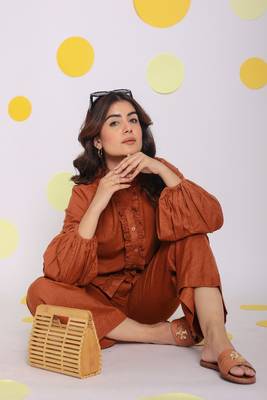Brown statement frilled buttoned shirt and pant relaxed linen co-ord set 4