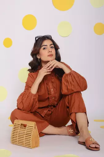 Brown statement frilled buttoned shirt and pant relaxed linen co-ord set