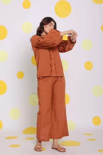 Brown statement frilled buttoned shirt and pant relaxed linen co-ord set