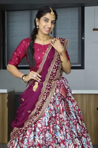 Multicolor Silk Kalamkari Printed Lehenga