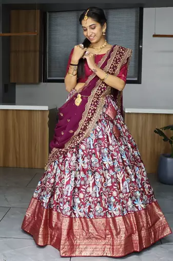 Multicolor Silk Kalamkari Printed Lehenga