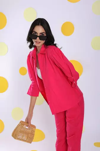 Hot pink shirt and pant 2 piece set summer relaxed linen co-ord set