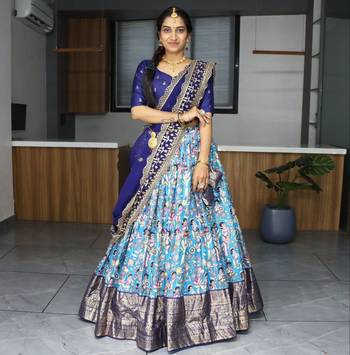 Turquoise Silk Printed Semi-Stitched Wedding Lehenga Choli  1
