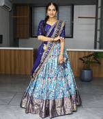Turquoise Silk Printed Semi-Stitched Wedding Lehenga Choli 