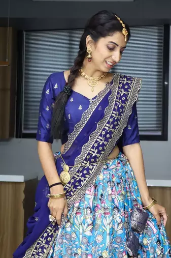 Turquoise Silk Printed Semi-Stitched Wedding Lehenga Choli 