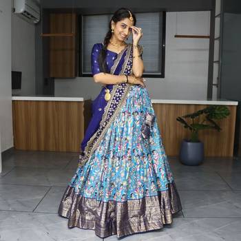 Turquoise Silk Printed Semi-Stitched Wedding Lehenga Choli  3
