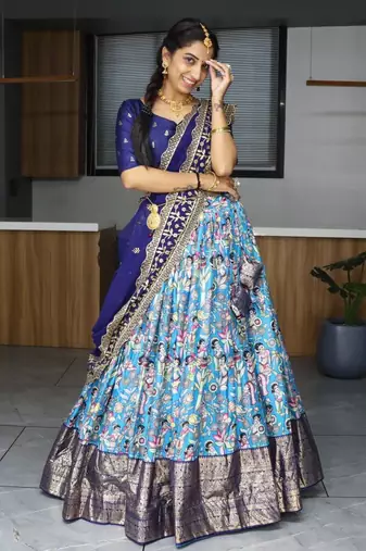 Turquoise Silk Printed Semi-Stitched Wedding Lehenga Choli 