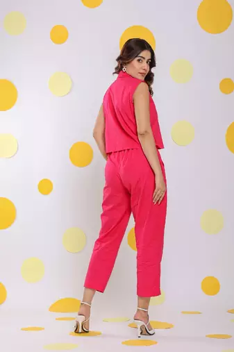 Hot pink sleeveless waistcoat and pant 2 piece set summer everyday wear linen co-ord set
