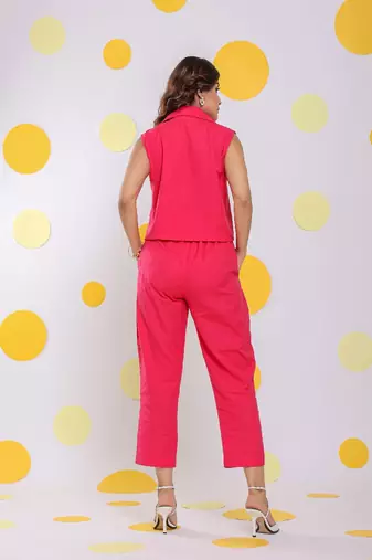 Hot pink sleeveless waistcoat and pant 2 piece set summer everyday wear linen co-ord set
