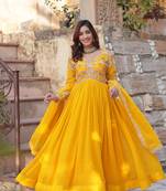 Yellow georgette sequins zari embroidered falred gown with heavy dupatta