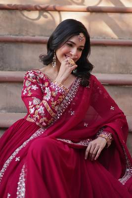 Pink georgette sequins zari embroidered falred gown with heavy dupatta 4