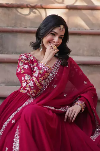 Pink georgette sequins zari embroidered falred gown with heavy dupatta