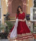 Maroon georgette sequins zari embroidered falred gown with heavy dupatta
