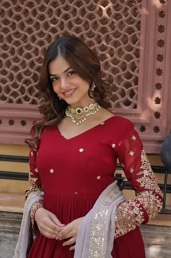 Maroon georgette sequins zari embroidered falred gown with heavy dupatta