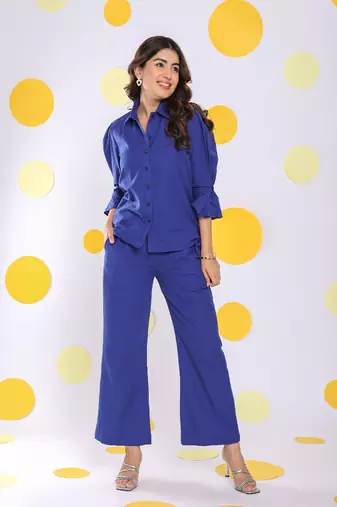 Royal blue shirt and pant 2 piece set summer relaxed linen co-ord set