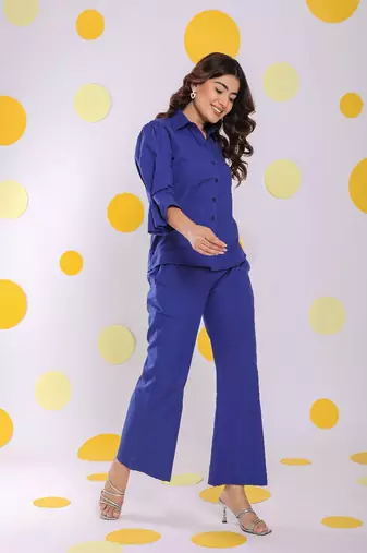Royal blue shirt and pant 2 piece set summer relaxed linen co-ord set