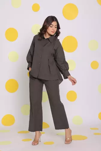 Grey buttoned shirt and pant two piece set relaxed linen co-ord set