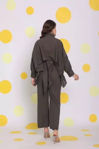 Grey buttoned shirt and pant two piece set relaxed linen co-ord set