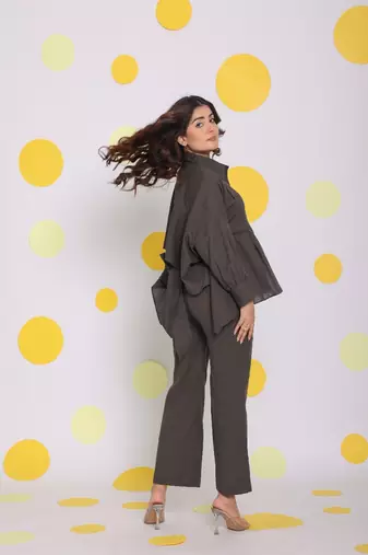 Grey buttoned shirt and pant two piece set relaxed linen co-ord set