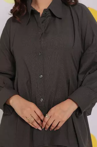 Grey buttoned shirt and pant two piece set relaxed linen co-ord set
