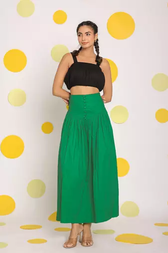 Black crop top and corset fitted green long skirt cotton co-ord set