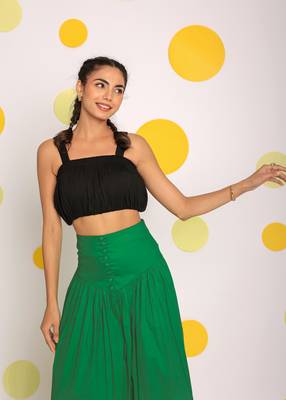 Black crop top and corset fitted green long skirt cotton co-ord set 4