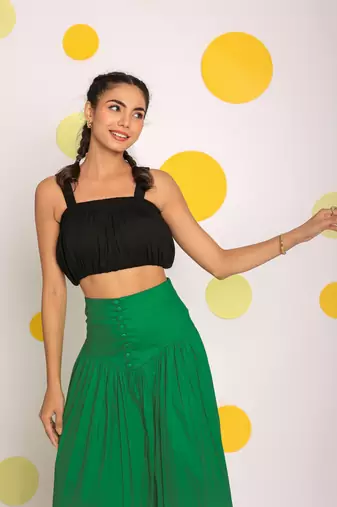 Black crop top and corset fitted green long skirt cotton co-ord set