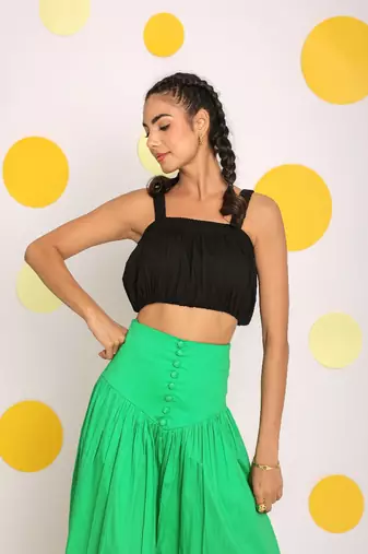 Black crop top and corset fitted green long skirt cotton co-ord set