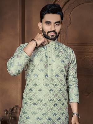 Light emerald embroidered mandarin collar different thrade sequence work kurta pajama set 3