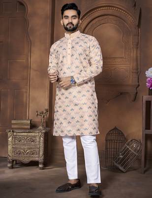 Peach embroidered mandarin collar different thrade sequence work kurta pajama set 1