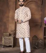 Peach embroidered mandarin collar different thrade sequence work kurta pajama set
