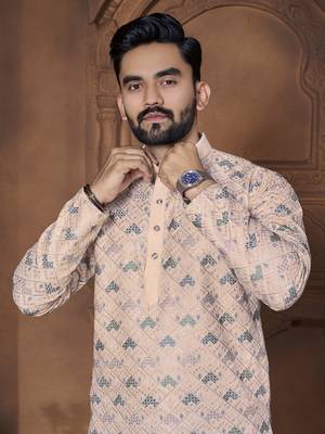 Peach embroidered mandarin collar different thrade sequence work kurta pajama set 3