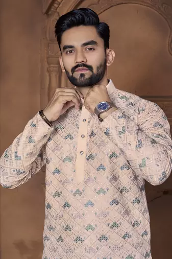 Peach embroidered mandarin collar different thrade sequence work kurta pajama set