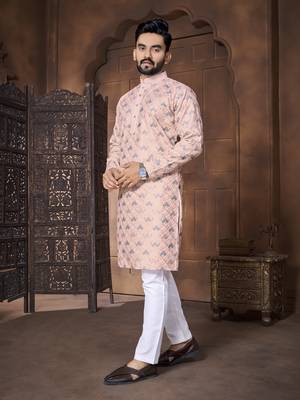 Baby pink embroidered mandarin collar different thrade sequence work kurta pajama set 2