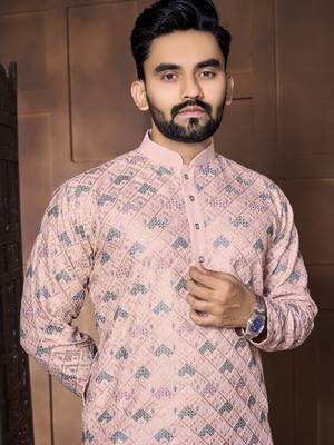 Baby pink embroidered mandarin collar different thrade sequence work kurta pajama set 3