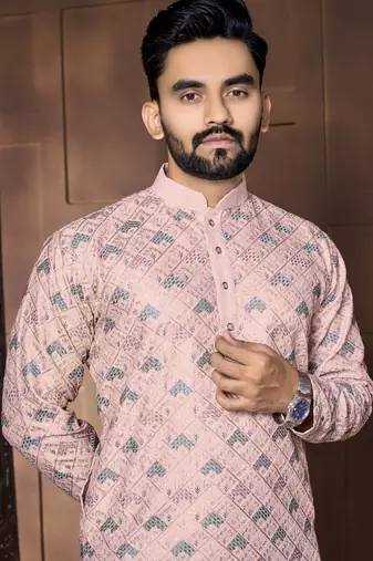 Baby pink embroidered mandarin collar different thrade sequence work kurta pajama set